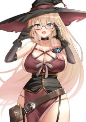 Rule 34 | 1girl, bare shoulders, black choker, black gloves, black headwear, blonde hair, blue eyes, blush, breasts, choker, cleavage, collarbone, commission, glasses, gloves, hands up, hat, highres, large breasts, large hat, open mouth, original, sideboob, simple background, smile, white background, witch, witch hat, yamamura umi