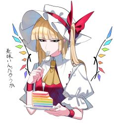 Rule 34 | 1girl, :|, ascot, black eyeliner, black eyeshadow, blonde hair, cake, closed mouth, crystal, crystal wings, eating, eyeliner, eyeshadow, flandre scarlet, food, frilled hat, frills, hat, hat ribbon, highres, makeup, mob cap, multicolored wings, nubezon, one side up, puffy short sleeves, puffy sleeves, rainbow wings, red eyes, red skirt, red vest, ribbon, short sleeves, side ponytail, simple background, skirt, solo, touhou, vest, white background, white hat, wings, yellow ascot, yellow ribbon