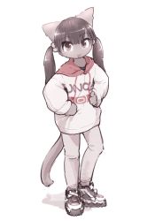 Rule 34 | 1girl, 3yo4yo5yo, animal ears, black hair, cat ears, cat tail, child, female focus, full body, furry, furry female, hair bobbles, hair ornament, highres, hood, hoodie, open mouth, original, shoes, simple background, sneakers, solo, tail, twintails, white background
