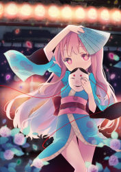 Rule 34 | 1girl, alternate costume, arm up, blue kimono, bow, covering own mouth, curtain (posuinochuanglian), expressionless, floral print, flower, folding fan, hand fan, hata no kokoro, highres, japanese clothes, kimono, lantern, long hair, looking at viewer, mask, mouth mask, obi, petals, pink eyes, pink flower, pink hair, pink rose, rose, sash, solo, touhou, very long hair, wide sleeves, yukata