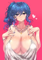 Rule 34 | 1girl, absurdres, azur lane, backless dress, backless outfit, bare shoulders, blue hair, blue nails, bracelet, breasts, cleavage, closed mouth, commentary request, dress, earrings, evening gown, grey dress, hair between eyes, halter dress, halterneck, hands on own chest, heart, highres, huge breasts, jewelry, nail polish, necklace, official alternate costume, pink background, plunging neckline, purple eyes, revealing clothes, see-through silhouette, side ponytail, sidelocks, silver dress, smile, solo, st. louis (azur lane), st. louis (luxurious wheels) (azur lane), sweat, wakura (gcdan)