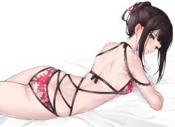 Rule 34 | 1girl, ass, back, back focus, bare back, bed, bed sheet, bikini, black hair, blunt bangs, breasts, butt crack, dimples of venus, floral print, green eyes, hair bun, hair ornament, hairpin, halterneck, highres, kurosawa dia, lace, lace-trimmed bikini, lace-trimmed swimsuit, lace trim, looking at viewer, looking back, love live!, love live! sunshine!!, lying, mole, mole under mouth, multiple straps, nasuno (nasuno42), official alternate hairstyle, on bed, on stomach, red bikini, sidelocks, simple background, single hair bun, small breasts, solo, swimsuit, white background