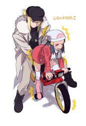 Rule 34 | &gt; &lt;, 1boy, 1girl, alternate costume, beanie, bicycle, black hair, blonde hair, blush, boots, closed mouth, commentary, creatures (company), dawn (pokemon), fur trim, game freak, hair ornament, hair over one eye, hat, heavy, highres, holding, jacket, long sleeves, nintendo, pink footwear, poke ball print, pokemon, pokemon dppt, pokemon legends: arceus, pokemon platinum, romaji text, scarf, shirt, translated, trembling, volo (pokemon), wavy mouth, white headwear, yagiyama