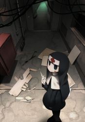 Rule 34 | 1girl, arm behind back, black dress, black eyes, blush stickers, broken, cabinet, commentary request, dress, gloves, hallway, harau, highres, indoors, long sleeves, looking at viewer, nun, original, ruins, smile, solo, standing, syringe, traditional nun, white gloves