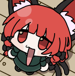 Rule 34 | 1girl, animal ear fluff, animal ears, black bow, blunt bangs, bow, braid, cat ears, cat girl, cat tail, chibi, chinese commentary, extra ears, full body, green shirt, green skirt, hair bow, kaenbyou rin, long hair, looking at viewer, looking up, medium bangs, multiple tails, open mouth, red eyes, red hair, shirt, skirt, solo, tail, touhou, twin braids, two tails, wooden floor, xie mao man de la