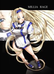 Rule 34 | 1girl, arc system works, blonde hair, blue eyes, boots, breasts, buckle, elbow gloves, female focus, from above, full body, gloves, guilty gear, headband, kutani, large breasts, legs, long hair, millia rage, solo, standing, very long hair, zoom layer