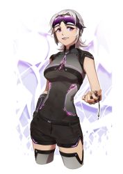 Rule 34 | 1girl, 3four, belt, black gloves, black shorts, blush, breasts, cowboy shot, cropped legs, eyewear on head, fingerless gloves, gloves, hand in pocket, holding, large breasts, light blush, looking at viewer, original, parted lips, purple eyes, short hair, short sleeves, shorts, silver hair, smile, solo, stopwatch, sunglasses, watch