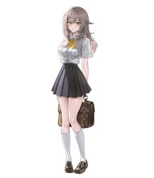 Rule 34 | 1girl, 4meart0112, absurdres, alternate costume, arms behind back, bag, black footwear, black skirt, bow, bowtie, brown bag, closed mouth, commentary, expressionless, full body, grey hair, hair between eyes, highres, holding, holding bag, honkai: star rail, honkai (series), loafers, long hair, looking at viewer, pleated skirt, school uniform, shirt, shoes, short sleeves, simple background, skirt, socks, solo, standing, stelle (honkai: star rail), thighs, trailblazer (honkai: star rail), white background, white shirt, white socks, yellow bow, yellow bowtie, yellow eyes