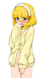 Rule 34 | 10s, 1girl, bad id, bad pixiv id, blonde hair, blush, bottomless, cardigan, covering privates, covering crotch, embarrassed, groin, hairband, kise yayoi, mitsuya (okiagari), naked cardigan, no panties, open mouth, precure, smile precure!, solo, tears, wavy mouth, white background, white hairband, yellow eyes