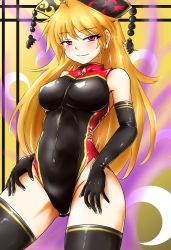 Rule 34 | 1girl, adapted costume, black gloves, black one-piece swimsuit, black thighhighs, blonde hair, breasts, competition swimsuit, crescent, d-m (dii emu), elbow gloves, fox tail, front zipper swimsuit, gloves, highres, junko (touhou), long hair, looking at viewer, medium breasts, meme attire, one-piece swimsuit, red eyes, smile, smug, solo, swimsuit, tail, thighhighs, touhou