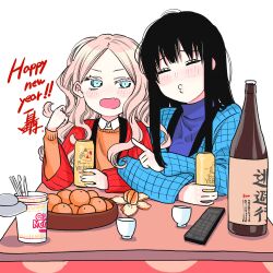 Rule 34 | 2girls, absurdres, alcohol, black hair, blonde hair, blue eyes, closed eyes, controller, cup, fang, food, fruit, futari escape, hand in own hair, highres, kotatsu, kouhai (futari escape), multiple girls, nissin cup noodle, open mouth, orange (fruit), pointing, remote control, senpai (futari escape), table, taguchi shouichi, yebisu
