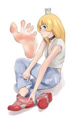 Rule 34 | absurdres, barefoot, black choker, blonde hair, blue eyes, choker, crown, feet, foot focus, from side, full body, highres, hime-sama &quot;goumon&quot; no jikan desu, hime (himesama goumon), knee up, looking at viewer, multiple views, o-ring, o-ring choker, pants, parted lips, red footwear, shirow (mha03133), shirt, shoe soles, shoes, short sleeves, simple background, sitting, sneakers, soles, thighs, toes, white background, white shirt
