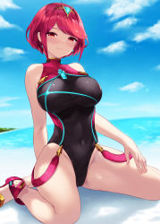 Rule 34 | 1girl, arm support, beach, black one-piece swimsuit, blush, cait aron, chest jewel, highres, kneeling, one-piece swimsuit, pyra (pro swimmer) (xenoblade), pyra (xenoblade), red one-piece swimsuit, sitting, solo, swimsuit, tagme, thighs, wariza, xenoblade chronicles (series), xenoblade chronicles 2