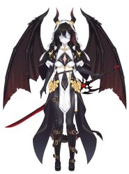 Rule 34 | 1girl, absurdres, arms at sides, belt, black gloves, black hair, breasts, covered navel, cross, cross-laced footwear, demon girl, demon horns, demon tail, demon wings, full body, gloves, gradient hair, highres, holding, holding sword, holding weapon, horns, mask, medium breasts, multicolored hair, original, pelvic curtain, pointy ears, red hair, reverse grip, sakuya miu1186400038, solo, standing, straight-on, sword, tail, two-tone hair, weapon, white background, white mask, wings