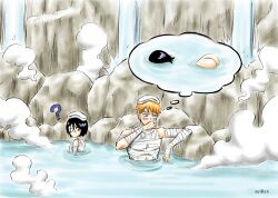 Rule 34 | 1boy, 1girl, ?, ass, ass focus, bandage over one eye, bandages, black hair, bleach, bleach: sennen kessen-hen, blush, blush stickers, confused, embarrassed, floating, food, fruit, hair between eyes, highres, in water, kuchiki rukia, kurosaki ichigo, looking at another, looking back, manga style, one eye covered, onsen, orange hair, pale skin, partially submerged, peach, petite, question mark, remembering, rock, shiny skin, short hair, sitting, spoken question mark, steam, sulren, thought bubble, towel, towel on head, water, waterfall, watermark, 水蓮