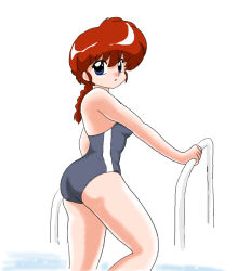 Rule 34 | 1girl, ass, back, bare shoulders, blue eyes, braid, breasts, climbing, from side, gender request, genderswap, kj (k777), ladder, legs, long hair, looking at viewer, looking to the side, ponytail, pool, ranma-chan, ranma 1/2, red hair, saotome ranma, simple background, sleeveless, swimsuit, tagme, thighs, white background