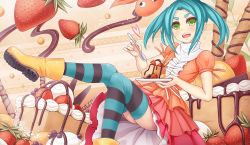 Rule 34 | 10s, 1girl, ankle boots, aqua hair, aqua thighhighs, blush, boots, cake, flat chest, food, fruit, green eyes, highres, in food, leg lift, long hair, looking at viewer, monogatari (series), nisemonogatari, ononoki yotsugi, open mouth, orange thighhighs, plate, rubber boots, solo, spoon, strawberry, striped clothes, striped thighhighs, sunimu, teeth, thick eyebrows, thighhighs, twintails, upper teeth only, yellow footwear