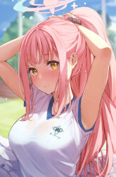 Rule 34 | 1girl, absurdres, arms up, blue archive, blurry, blurry background, blush, breasts, closed mouth, halo, highres, large breasts, long hair, looking at viewer, mika (blue archive), nira (vira), pink hair, ponytail, shirt, short sleeves, sidelocks, solo, sweat, tying hair, upper body, wet, wet clothes, wet shirt, white shirt, wings, yellow eyes