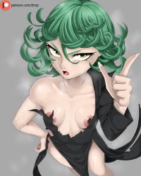 Rule 34 | 1girl, areola slip, breasts, female focus, green eyes, green hair, grey background, looking at viewer, medium hair, one-punch man, open mouth, simple background, small breasts, solo, sweat, tatsumaki, torn clothes, ttrop