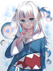 Rule 34 | 1girl, blue eyes, blue hair, blue hoodie, blunt bangs, bubble, collarbone, eyebrows hidden by hair, finger to face, gawr gura, gawr gura (1st costume), hair ornament, highres, hololive, hololive english, hood, hood down, hoodie, komatsu (komatsuu123), long hair, looking at viewer, multicolored hair, parted lips, shark hair ornament, silver hair, smile, solo, streaked hair, two side up, upper body, virtual youtuber