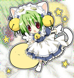 Rule 34 | animal ears, animal hat, bell, cat, cat hat, cat tail, dejiko, di gi charat, gema, gloves, green hair, hat, jingle bell, lowres, maid, open mouth, paco, red eyes, smile, solo, star (symbol), tail, v, zoom layer