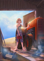 Rule 34 | 1girl, barefoot, blonde hair, capri pants, cloud, day, dead-robot, dirty, dirty feet, farm, flat chest, green eyes, naked overalls, original, overalls, pants, short hair, sky, solo, strap slip, toolbox, tractor