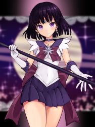 Rule 34 | 1girl, bishoujo senshi sailor moon, black hair, blurry, blurry background, choker, commentary request, cowboy shot, elbow gloves, gloves, highres, leotard, looking at viewer, panda sasasa, pleated skirt, purple choker, purple eyes, purple sailor collar, purple shirt, sailor collar, sailor saturn, sailor senshi, sailor senshi uniform, shirt, short hair, silence glaive, skirt, solo, tomoe hotaru, white gloves, white leotard