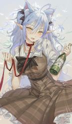 Rule 34 | 1girl, absurdres, ahoge, alcohol, black bow, blue hair, bottle, bow, breasts, brown dress, choker, collarbone, cowboy shot, dress, fang, flower, frilled dress, frills, heart, heart ahoge, highres, holding, holding bottle, holding leash, hololive, hxxg, large breasts, leash, light blue hair, long hair, looking at viewer, official alternate costume, open mouth, plaid, plaid dress, pointy ears, red choker, short sleeves, sidelocks, smile, solo, standing, virtual youtuber, white background, white flower, yellow eyes, yukihana lamy, yukihana lamy (casual)