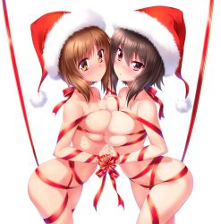 Rule 34 | 2girls, blush, breasts, brown eyes, brown hair, christmas, cleavage, closed mouth, collarbone, gift wrapping, girls und panzer, groin, hat, highres, holding hands, kuzuryuu kennosuke, large breasts, looking at viewer, looking to the side, multiple girls, navel, nishizumi maho, nishizumi miho, nude, open mouth, santa hat, shiny skin, short hair, siblings, simple background, sisters, skindentation, smile, standing, upper body, white background
