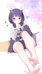 Rule 34 | 1girl, absurdres, barefoot, bed, black shorts, blue eyes, blunt bangs, blush, bob cut, breasts, cookie, eating, food, grey hood, grey jacket, headphones, headphones around neck, highres, hololive, hololive english, hood, hooded jacket, hoodie, jacket, looking at viewer, mole, mole under eye, namiorii, ninomae ina&#039;nis, ninomae ina&#039;nis (loungewear), official alternate costume, official alternate hair length, official alternate hairstyle, on bed, open hood, pillow, pointy ears, print shirt, purple hair, purple hood, purple hoodie, rabbit ears antenna, shirt, short hair, short shorts, short sleeves, shorts, sitting, small breasts, solo, t-shirt, takodachi (ninomae ina&#039;nis), tentacle hair, thighs, toes, virtual youtuber, white shirt