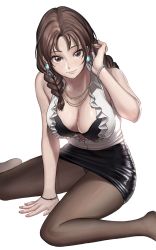 Rule 34 | 1girl, black bra, black skirt, blouse, bra, bracelet, braid, breasts, brown eyes, brown hair, brown pantyhose, cleavage, collared shirt, commentary, earrings, english commentary, fingernails, frilled shirt collar, frills, hair over shoulder, hanny (uirusu chan), highres, jewelry, julia chang, large breasts, leather skirt, looking at viewer, medium hair, nail polish, namco, necklace, no shoes, office lady, panties, panties under pantyhose, pantyhose, pantyshot, pencil skirt, shirt, skirt, sleeveless, sleeveless shirt, solo, tekken, twin braids, underwear, white background, white shirt