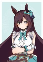 Rule 34 | 1girl, absurdres, alternate breast size, animal ears, border, bow, bowtie, breasts, brown hair, ear bow, emphasis lines, frilled shirt, frills, gloves, green background, green bow, green bowtie, highres, horse ears, horse girl, large breasts, long hair, looking at viewer, maromaron taitei, mejiro dober (umamusume), one-hour drawing challenge, purple eyes, shirt, simple background, sleeveless, sleeveless shirt, solo, umamusume, white border, white gloves