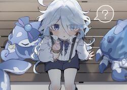 Rule 34 | 1girl, aged down, bench, blue bow, blue bowtie, blue eyes, blue shorts, bow, bowtie, commentary, furina (genshin impact), genshin impact, gentilhomme usher, highres, hoshiyui tsukino, long hair, long sleeves, looking at viewer, mademoiselle crabaletta, open mouth, pov, puffy long sleeves, puffy sleeves, shadow, shirt, shorts, sitting, solo, surintendante chevalmarin, very long hair, white hair, white shirt
