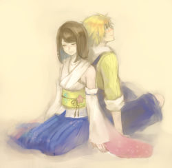 Rule 34 | 00s, 1boy, 1girl, blonde hair, blue hakama, brown hair, detached sleeves, closed eyes, final fantasy, final fantasy x, habbitrot, hakama, hakama skirt, japanese clothes, jewelry, necklace, short hair, skirt, tidus, yuna, yuna (ff10)