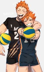Rule 34 | 2boys, age comparison, aged up, arm around neck, ball, brown eyes, closed eyes, commentary request, dated, dual persona, grey background, grin, haikyuu!!, highres, hinata shouyou, holding, holding ball, looking at viewer, male focus, multiple boys, obakegm, open mouth, orange hair, smile, sportswear, time paradox, volleyball, volleyball (object), volleyball uniform