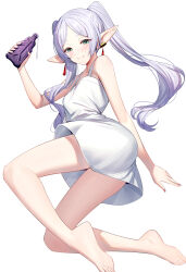 Rule 34 | 1girl, ass, bare arms, bare legs, bare shoulders, barefoot, blush, bottle, breasts, collarbone, commentary request, dress, earrings, elf, frieren, full body, green eyes, grey hair, half-closed eyes, hand up, highres, holding, holding bottle, jewelry, long hair, looking at viewer, parted bangs, pointy ears, ririko (zhuoyandesailaer), short eyebrows, simple background, sleeveless, sleeveless dress, small breasts, solo, sousou no frieren, thick eyebrows, twintails, very long hair, white background, white dress