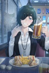 Rule 34 | 2girls, beer mug, black hair, black jacket, blue eyes, blush, burger, chainsaw man, collared shirt, colored eyelashes, commentary, cup, diner, english commentary, eyepatch, fiona frost, food, french fries, hair over one eye, highres, himeno (chainsaw man), holding, holding cup, jacket, jewelry, looking at viewer, mug, multiple girls, necklace, parted lips, plate, popped collar, rain, rappa, right-hook dog, sandwich, shirt, short hair, smile, spy x family, white hair, white shirt