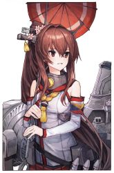 Rule 34 | 1girl, air qh, bad id, bad twitter id, bare shoulders, brown hair, cherry blossoms, cowboy shot, crest, detached sleeves, flower, hair flower, hair ornament, headgear, highres, kantai collection, long hair, looking to the side, machinery, oil-paper umbrella, parted lips, pleated skirt, ponytail, red skirt, red umbrella, simple background, skirt, smokestack, solo, umbrella, white background, yamato (kancolle)