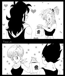 Rule 34 | 2koma, artist name, bag, breasts, bulma, cleavage, comic, dragon ball, dragon ball (classic), dragonball z, earrings, fenyon, greyscale, hair bobbles, hair ornament, heart, heart background, highres, husband and wife, jewelry, lipstick, long hair, makeup, medium breasts, monochrome, neckerchief, one side up, short hair, signature, silent comic, star (symbol), starry background, strapless, tube top, vegeta, yamcha