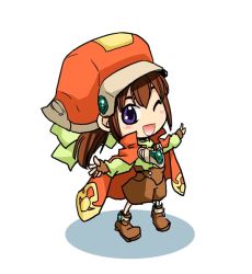 Rule 34 | 1girl, brown hair, chibi, hat, marguerite fatima, one eye closed, orange hat, outstretched arms, ponytail, ribbon, solo, spread arms, wink, xenogears