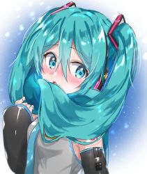 Rule 34 | 1girl, aqua eyes, aqua hair, aqua necktie, bare shoulders, black sleeves, blush, commentary, detached sleeves, grey shirt, hair ornament, hair scarf, hand in own hair, hand up, hatsune miku, headphones, long hair, looking to the side, necktie, open mouth, shirt, shoulder tattoo, sleeveless, sleeveless shirt, snowing, solo, supo01, tattoo, twintails, upper body, very long hair, vocaloid