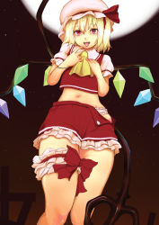 Rule 34 | 1girl, blonde hair, bracelet, female focus, flandre scarlet, hissatsukun, jewelry, bridal garter, midriff, navel, open clothes, open mouth, open skirt, panties, pantyshot, red eyes, skirt, solo, thigh strap, tongue, touhou, underwear, wings