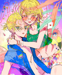 Rule 34 | 1boy, 1girl, arm support, arms around neck, blonde hair, blue eyes, blue jacket, blue nails, bracelet, colored eyelashes, commentary, crop top, earrings, green shirt, hand on another&#039;s hip, heart, heart earrings, highres, hood, hood down, hooded jacket, jacket, jewelry, kagamine len, kagamine rin, looking at viewer, looking over eyewear, makoji (yomogi), medium hair, midriff, mixed-language commentary, nail polish, navel, open clothes, open jacket, parted lips, red-tinted eyewear, shirt, short ponytail, short shorts, short sleeves, shorts, sleeveless, sleeveless shirt, tinted eyewear, vocaloid, yellow nails