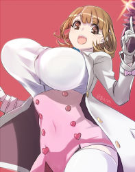 Rule 34 | 10s, 1girl, ajino (sakanahen), blonde hair, bouncing breasts, breasts, brown eyes, brown hair, gun, hair ornament, hairclip, high-waist skirt, huge breasts, looking at viewer, narusawa ryouka, occultic;nine, open mouth, short hair, skirt, smile, solo, unaligned breasts, weapon