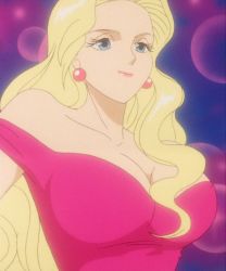 Rule 34 | 1girl, breasts, cleavage, dress, earrings, highres, jewelry, large breasts, long hair, looking to the side, marilyn (red baron), pink dress, red baron (anime), screencap, standing, third-party edit, very long hair