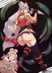 Rule 34 | 3girls, ass, brown eyes, facial mark, forehead mark, gloves, grandmother and granddaughter, hair ornament, hair stick, hair tubes, hyrule warriors: age of calamity, impa, kunai, long hair, low-tied long hair, multiple girls, nintendo, orphen (pink seito), paya (zelda), pointy ears, sheikah, the legend of zelda, the legend of zelda: breath of the wild, weapon, white hair
