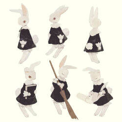 Rule 34 | animal, animal focus, black dress, black sleeves, bloomers, book, broom, closed eyes, clothed animal, collar, collared dress, dress, floppy ears, frilled sleeves, frills, from behind, full body, holding, holding book, holding broom, holding paper, holding quill, long sleeves, multiple views, no humans, original, paper, quill, rabbit, short dress, simple background, sweeping, tono (rt0no), underwear, white background, white bloomers, white collar, writing