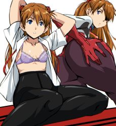 Rule 34 | 1girl, arms behind head, arms up, ass, ass grab, bent over, black pantyhose, blue eyes, bodysuit, bow, bow bra, bra, breasts, brown hair, collarbone, covered navel, crotch seam, curvy, dual persona, evangelion: 3.0 you can (not) redo, eyepatch, female focus, from behind, gloves, hair between eyes, hair ornament, hair over one eye, hand on own ass, headgear, high-waist pantyhose, huge ass, kamisimo 90, lace, lace-trimmed bra, lace trim, long hair, looking at viewer, looking back, multicolored clothes, neon genesis evangelion, no pants, one eye covered, open clothes, open shirt, orange hair, pantyhose, parted bangs, parted lips, pilot suit, plugsuit, purple bow, purple bra, rebuild of evangelion, red ribbon, ribbon, shirt, short sleeves, simple background, sitting, small breasts, souryuu asuka langley, thighband pantyhose, turtleneck, twintails, underwear, untied, white background, white shirt, yokozuwari