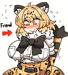 1girl animal_ears black_bow black_bowtie blonde_hair blush bow bowtie embarrassed fur_collar hair_between_eyes jaguar_(kemono_friends) jaguar_ears jaguar_girl jaguar_print jaguar_tail kemono_friends notnoe_(dxcl) print_skirt skirt solo tail yellow_eyes