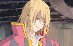 Rule 34 | 1boy, blonde hair, closed mouth, collarbone, collared shirt, earrings, eyebrows hidden by hair, glint, grey eyes, grey jacket, hair between eyes, howl (howl no ugoku shiro), howl no ugoku shiro, jacket, jewelry, looking away, male focus, pink jacket, shirt, signature, smile, sofra, solo, twitter username, upper body, white shirt